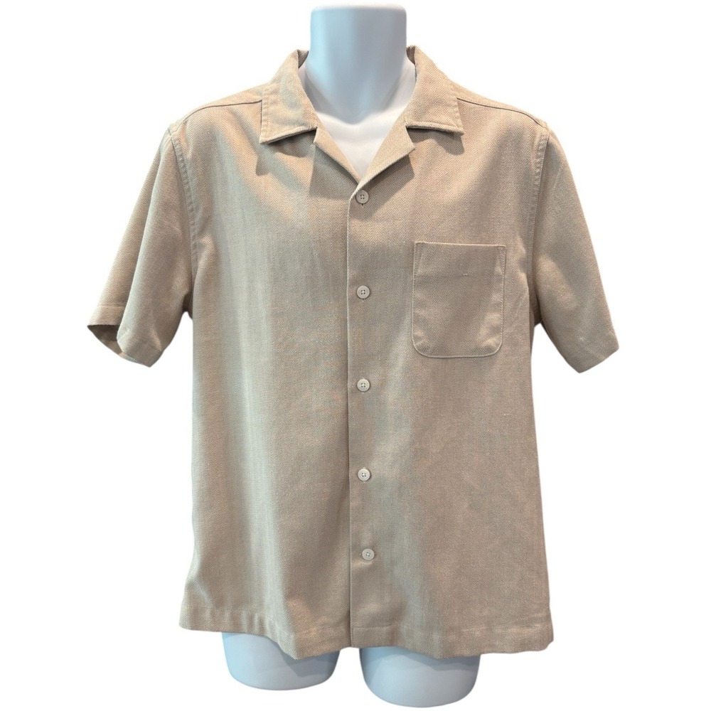 Tahari Men's Beige Herringbone Short Sleeve‎ Button-Up Shirt Size L